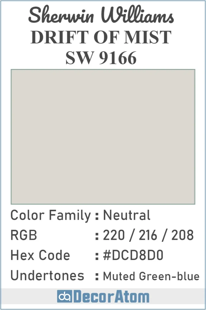 Color Family, RGB Colors, Hex Value, Undertones of Drift of Mist