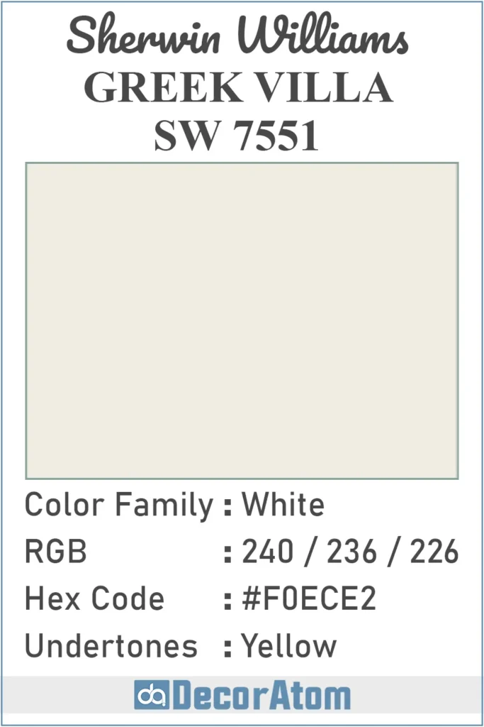 Color Family, RGB Colors, Hex Value, Undertones of Greek Villa