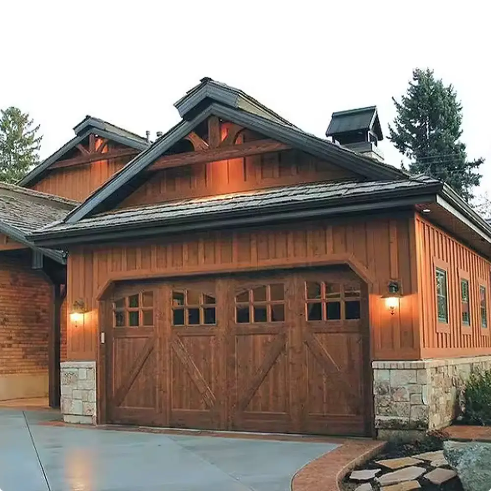 Brown House with Wood Garage Doors