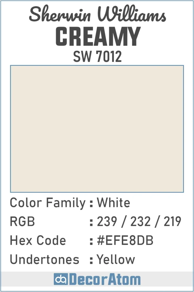 Color Family, RGB Colors, Hex Value, Undertones of Creamy