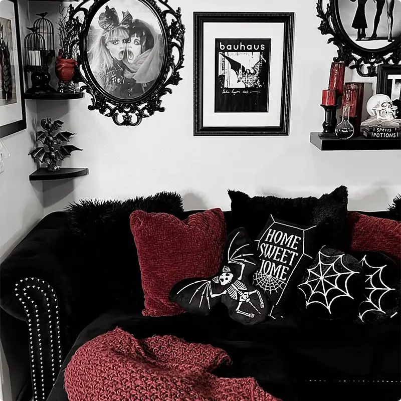 Create a Cozy Gothic Nook with Rich Fabrics and Spooky Art