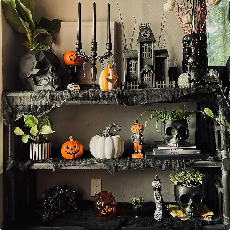 Create a Gothic Halloween Shelf with Skulls and Haunted Decor
