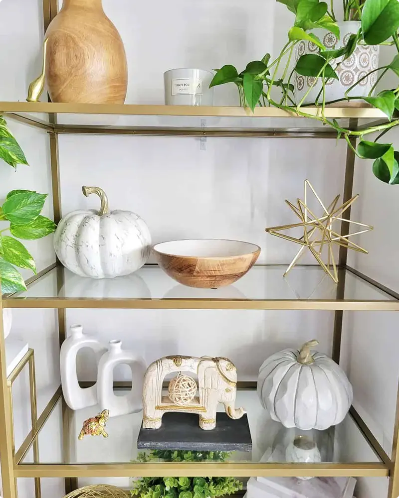 A Glass Shelf Showcasing Selected Fall Decorations