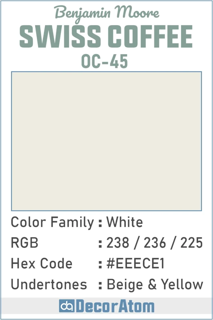Color Family, RGB Colors, Hex Value, Undertones of Swiss Coffee