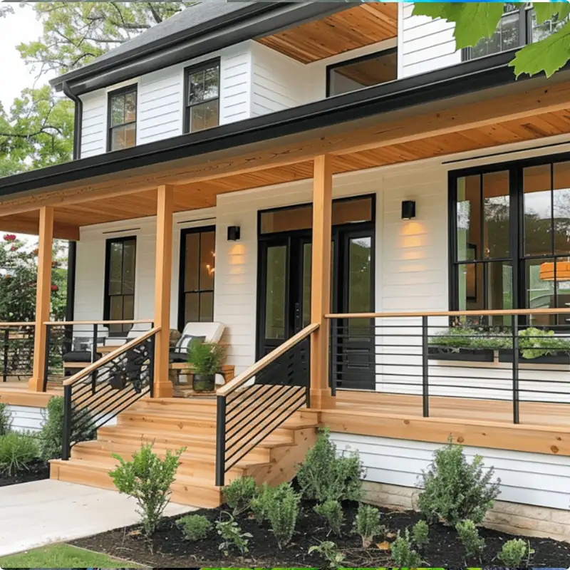 Farmhouse Perfection: Natural Wood and Black Railing Combo