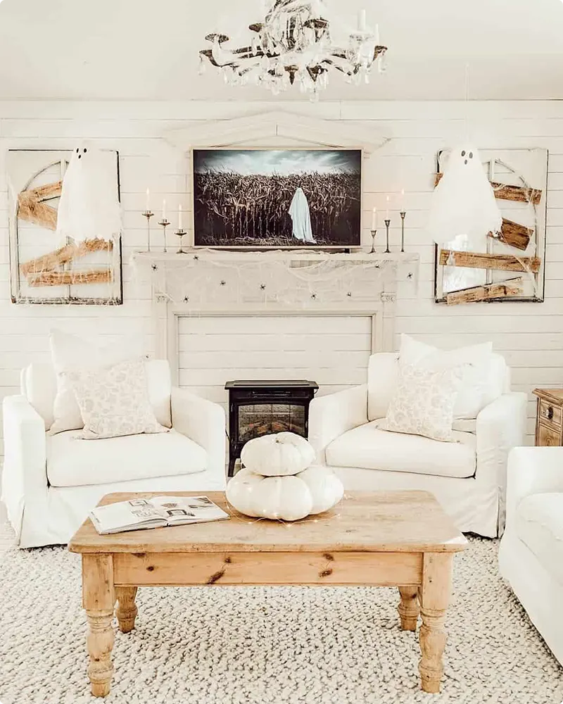 Ghost-Themed White Shiplap Mantel with Rustic Charm