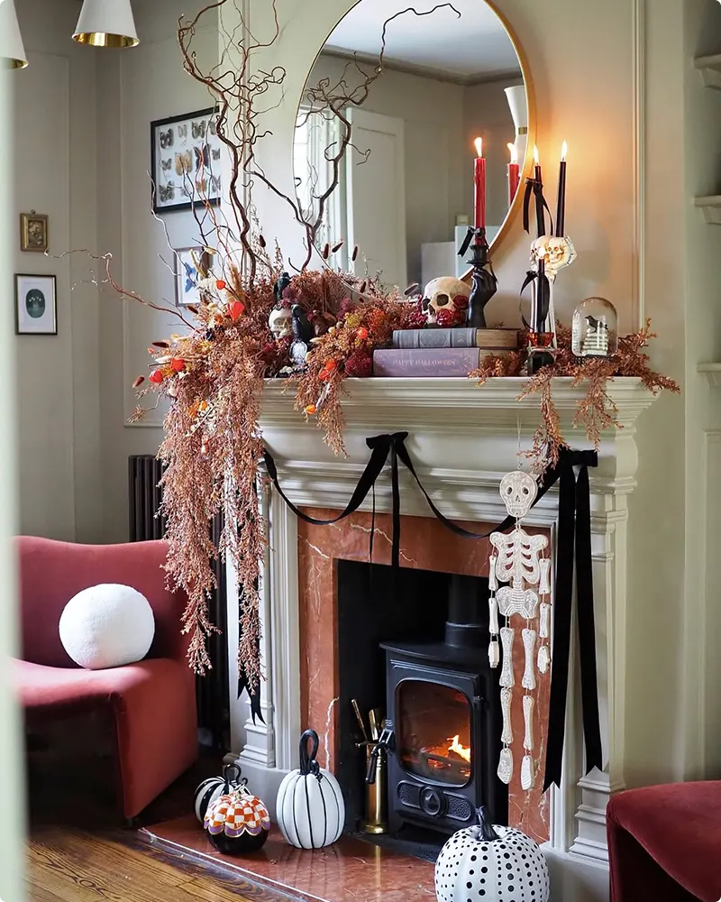 Moody Florals with a Gothic Halloween Mantel Twist