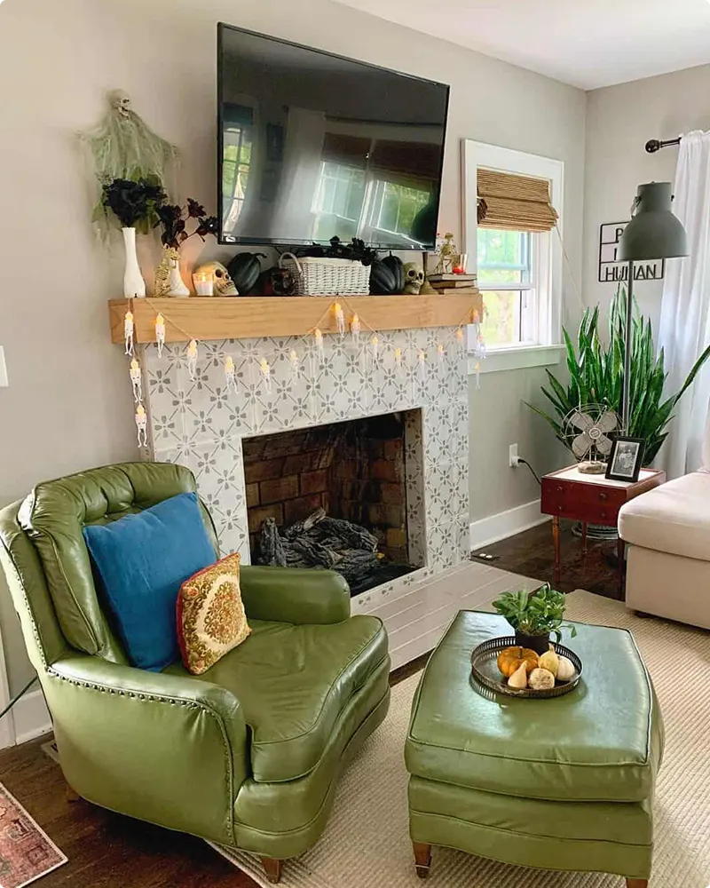 Understated Halloween Charm: A Light Wood Mantel with Classic Accents