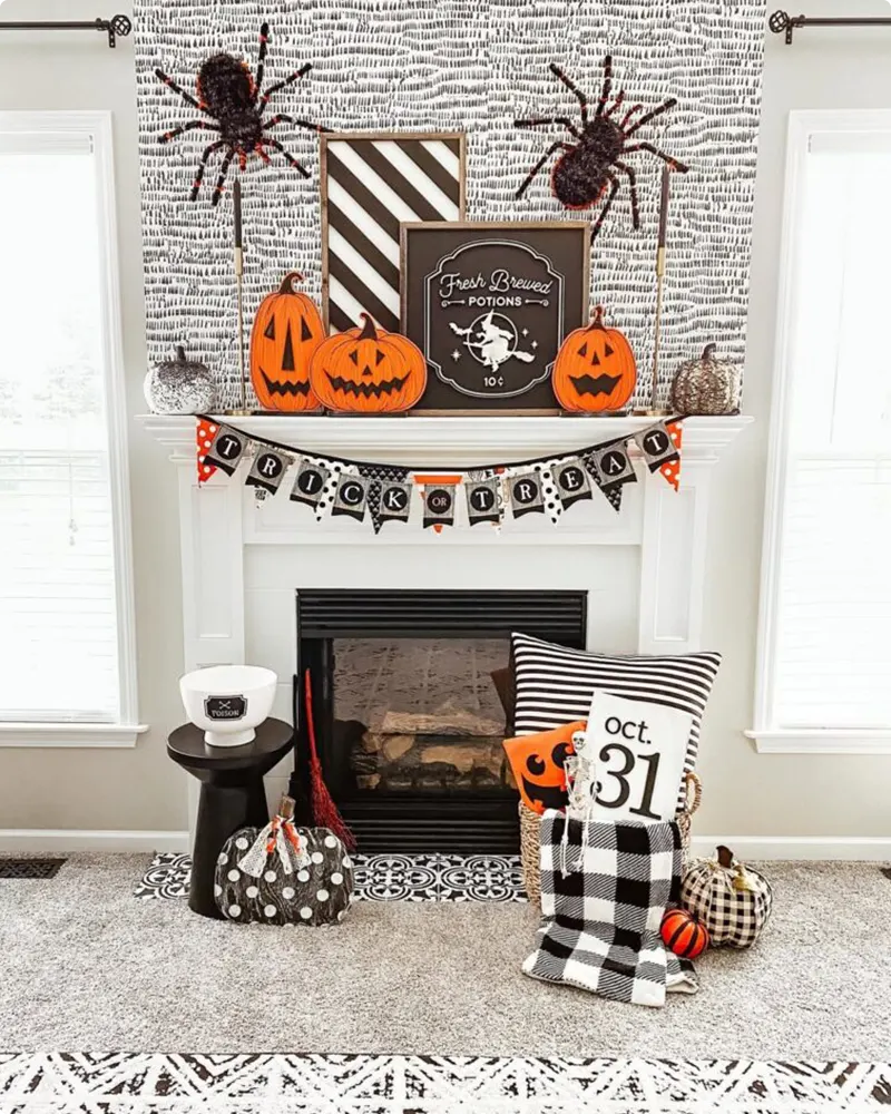 Vibrant Halloween Mantel with Oversized Spiders and Retro Flair