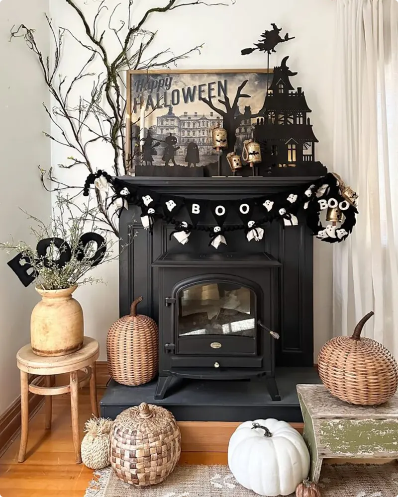 Vintage-Inspired Halloween Mantel with Boo Garlands and Wicker Pumpkins