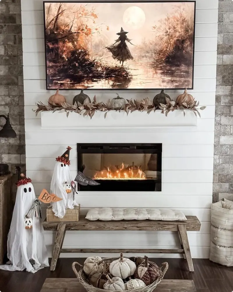 Whimsical Halloween Mantel with Soft Neutrals and Ghostly Charm