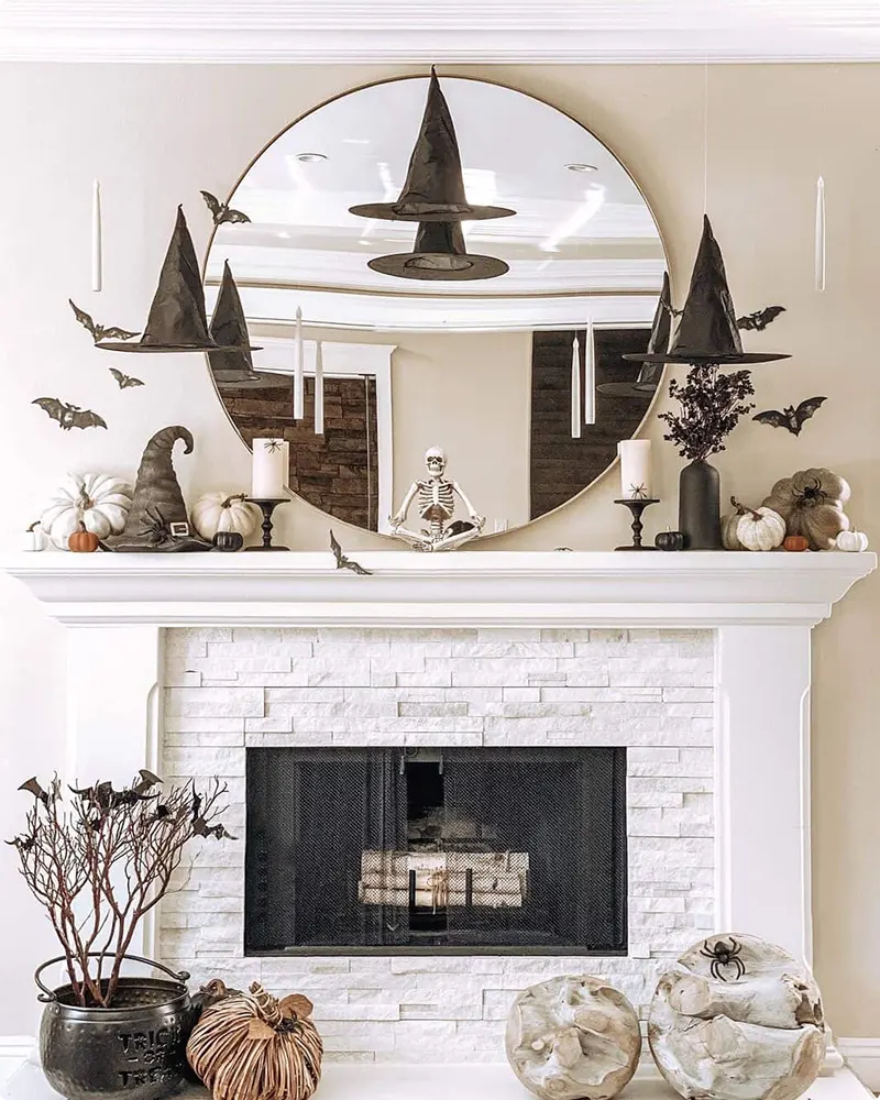Witches’ Hats Hovering Above a Stacked Stone Fireplace
