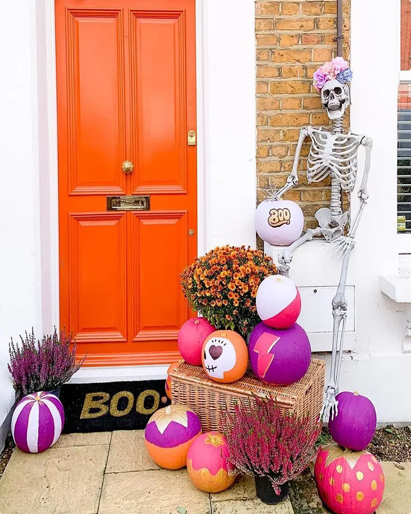 Cheerful Skeleton Welcome with Bright Pumpkins