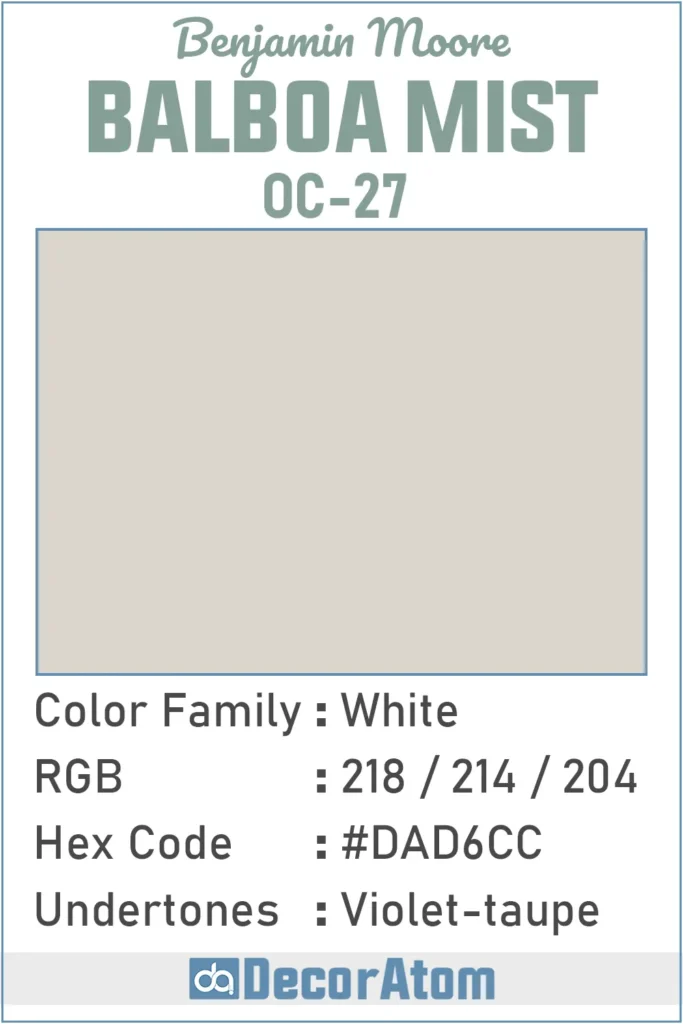 Color Family, RGB Colors, Hex Value, Undertones of Balboa Mist