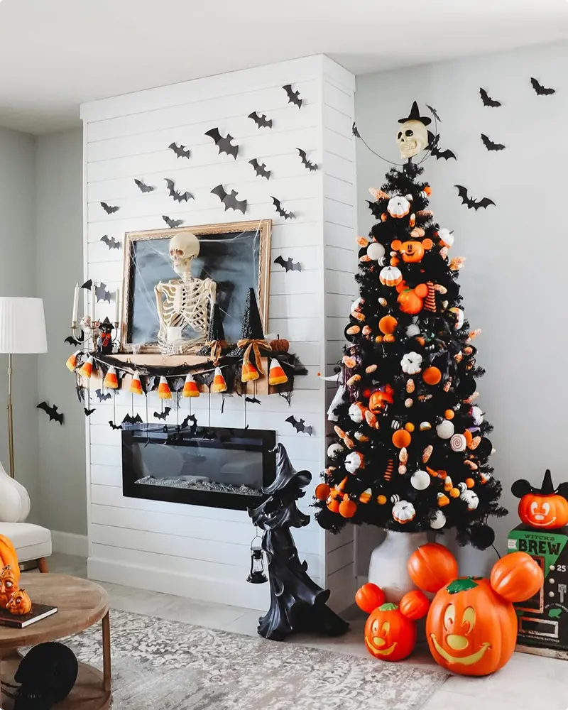 Festive Halloween Tree and Mantel