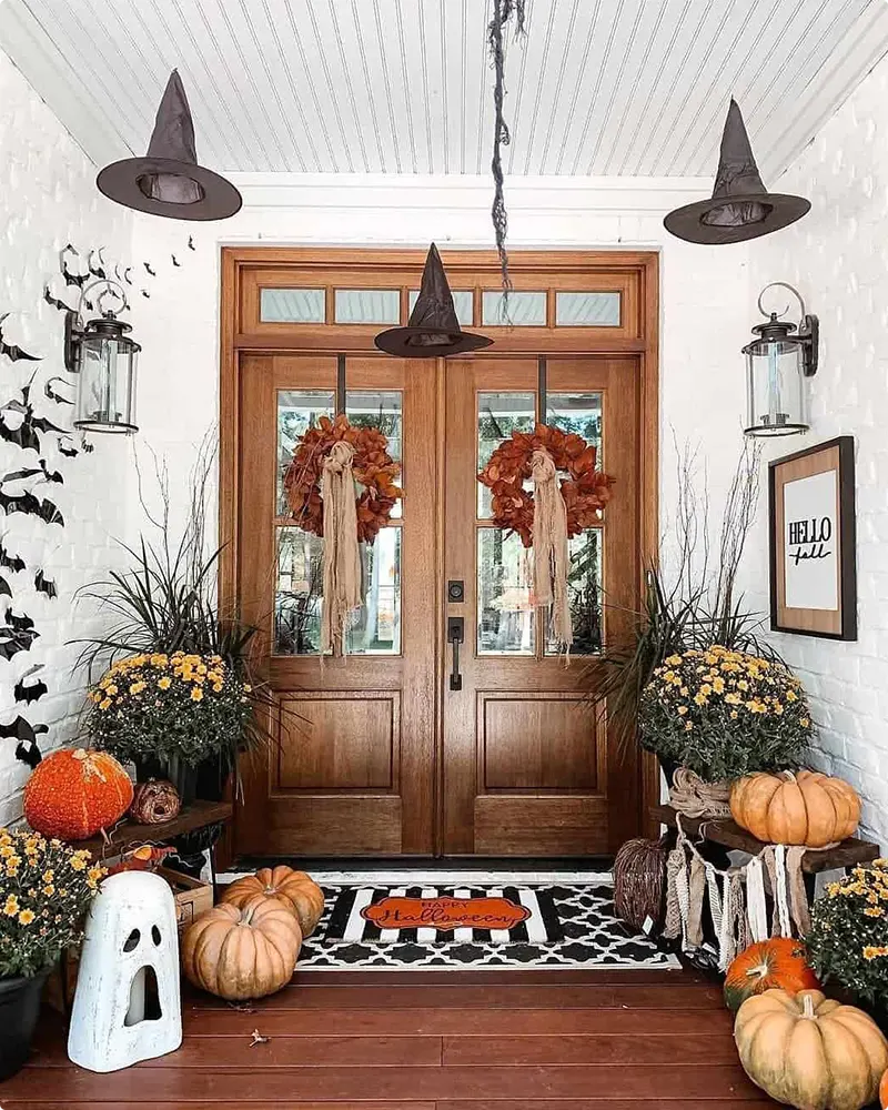 Halloween Porch with Floating Witches and Fall Charm
