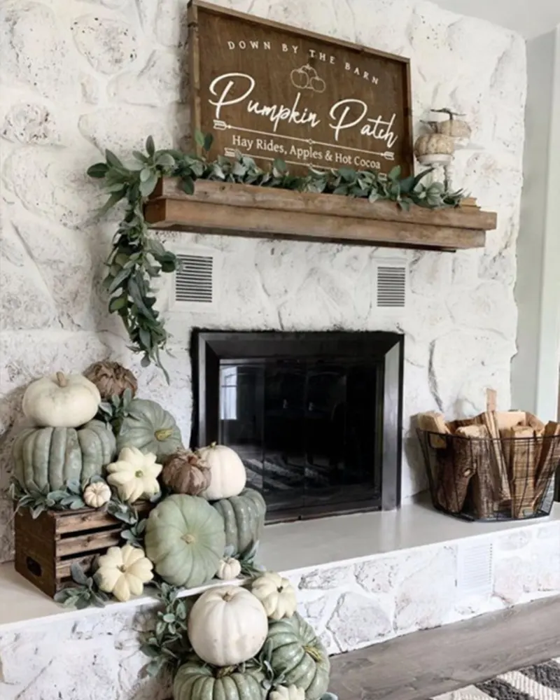 Pumpkin-Filled Fireplace Display