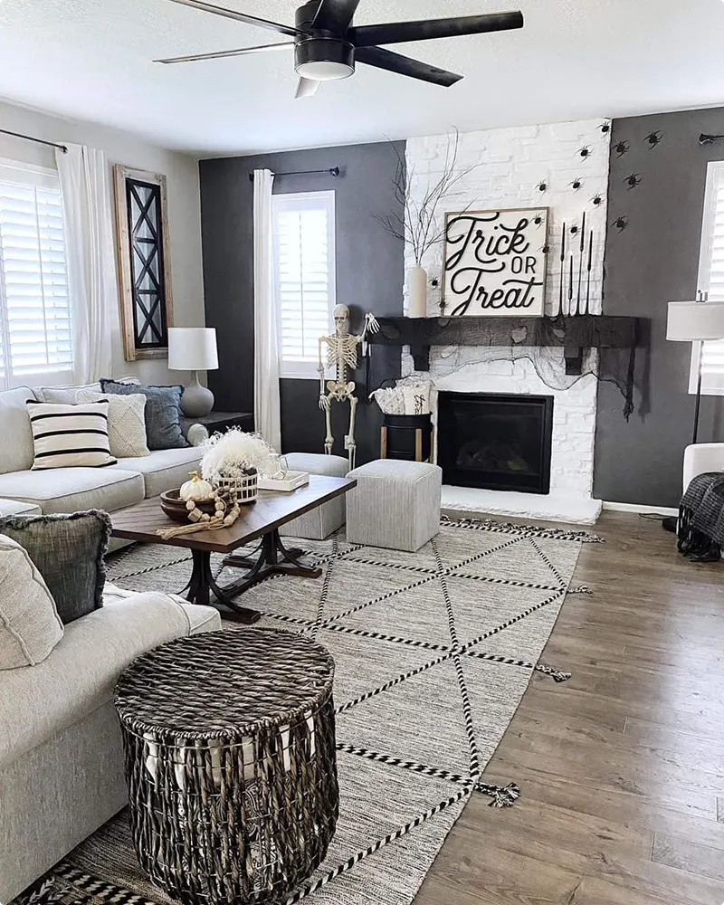 White Stone Fireplace with Mantel Display